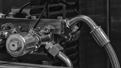 Poster - large metalworking machine with hydraulic or pneumatic drive pipes with many parts, industrial concept background