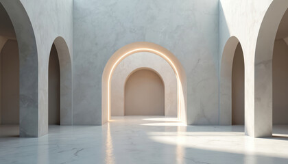 Poster - Abstract architectural interior with arched elements. Modern 3d render. Empty grey room with curves, shapes, tunnel. Marble floor, wall. Digital light, futuristic style, construction. Minimalist