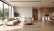 © Vadym - Modern minimalist interior design, open-concept living space. Neutral colors, sleek furniture, large windows offer natural light. Living room connected to kitchen, featuring sofa, round coffee table,