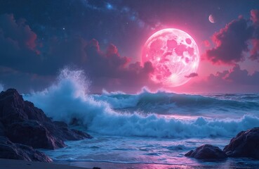 Wall Mural - Ocean waves crashing under a vibrant celestial display. Pink blue moons, stars illuminate night sky. Coastal rocks, surreal fantasy landscape, dreamy art.