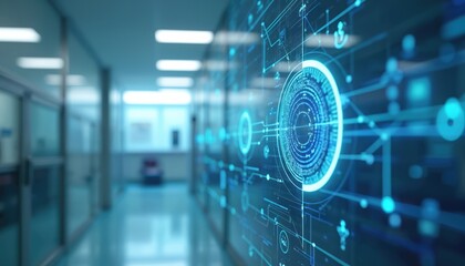 Poster - Futuristic tech interface in hospital environment. Glowing digital healthcare network connects patient data, medicine research. Modern medical tech, science innovation, telemedicine, AI, big data