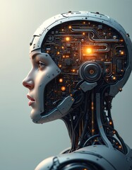 Poster - Illustration merging human face with intricate tech design. Image features cyborg profile representing artificial intelligence, machine learning. Futuristic artwork for science tech, AI, robotics,