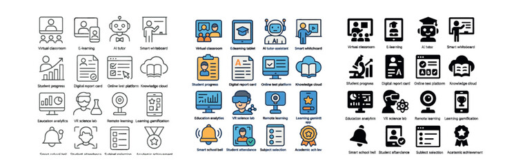 Education and learning icons set – flat style, digital study and e-learning symbols