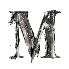 Poster - Metallic letter M with fluid, liquid like texture, showcasing blend of silver and gray tones, creating dynamic and artistic appearance