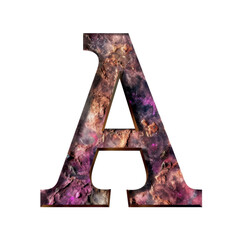 Poster - Vibrant letter featuring cosmic design with hues of purple, pink, and gold, evoking sense of wonder and creativity