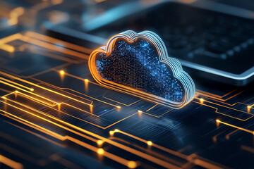 Poster - Digital cloud computing concept featuring glowing cloud icon surrounded by circuit patterns and vibrant lines, symbolizing technology and innovation in data storage