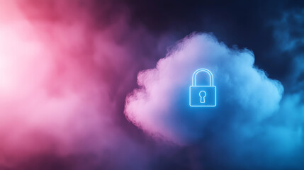 Poster - Vibrant cloud with glowing padlock icon symbolizes security and protection in digital realm. contrasting colors create captivating visual that evokes sense of safety and innovation