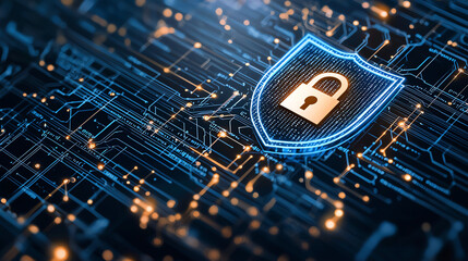 Poster - Digital security shield with padlock symbolizes protection and safety in technology. intricate circuit design highlights importance of cybersecurity in today digital landscape