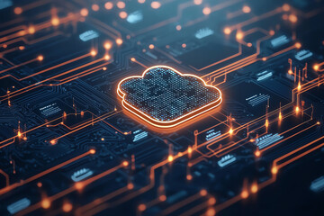 Poster - Digital rendering of cloud computing concept featuring glowing cloud symbol surrounded by intricate circuit patterns and glowing lines, representing technology and connectivity