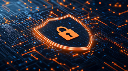 Poster - Digital illustration of cyber security shield icon featuring padlock, set against backdrop of intricate circuit patterns in blue and orange hues. This conveys sense of protection and technology