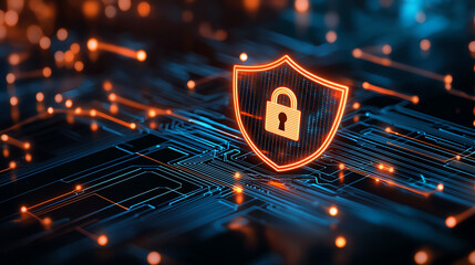 Aufkleber - Digital representation of cyber security shield icon, featuring padlock, set against backdrop of glowing circuit patterns. This conveys sense of protection and safety in digital realm