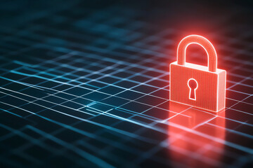 Poster - Digital security concept featuring glowing red padlock on grid background, symbolizing protection and safety in technology. This evokes sense of security and vigilance in digital realm