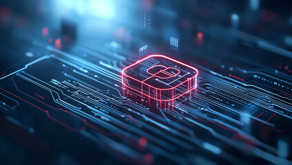 Fototapete - Digital rendering of red padlock icon on circuit board background, symbolizing security and technology. image conveys sense of innovation and protection in digital realm