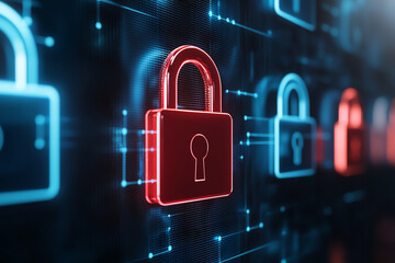 Fototapete - Digital padlock icons blue and red colors symbolize security and protection technological environment. glowing locks represent data safety and encryption, conveying sense of trust and reliability