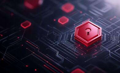Fototapete - Digital rendering of red padlock icon on dark circuit board background, symbolizing security and protection in technology. design evokes sense of safety and innovation
