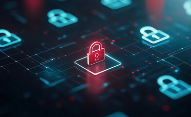 Fototapete - Secure digital padlock icons are displayed on futuristic background, symbolizing cybersecurity and data protection. vibrant colors create sense of safety and innovation