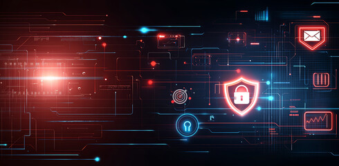 Poster - Digital illustration of security icons including shield, lock, and various technology elements, representing cybersecurity and data protection. vibrant colors create modern and dynamic feel