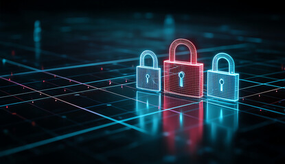 Poster - Digital illustration of three padlocks in wireframe style, symbolizing security and protection in technological environment. glowing locks represent data safety and encryption