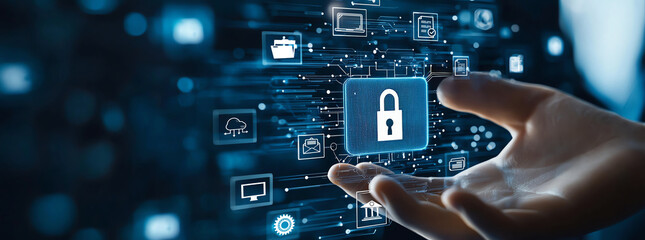 Poster - Digital padlock with holographic elements is held hand, surrounded by various technology icons representing security and data protection. image conveys sense of modern cybersecurity and innovation
