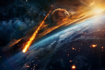 Wall Mural - Fiery meteor entering Earth's atmosphere, glowing trail, space view, realistic detail, planet edge in background.