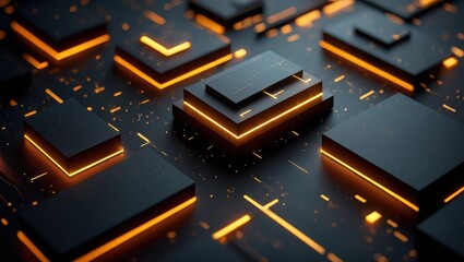 Fototapete - Amidst a dynamic digital landscape glowing geometric shapes emerge in vibrant orange hues against a dark background creating a mesmerizing visual experience that captivates the mind.