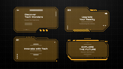 Poster - Orange heads up display text boxes on grid, hud frame with futuristic design for data and virtual interface element