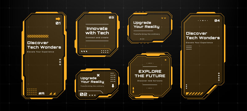 Futuristic hud text box frame templates. Digital high tech cyber user interface elements for information display.