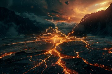 Wall Mural - Dramatic illustration of a meteor impact cracking the ground, glowing energy lines, conceptual danger scene, cinematic look.