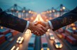 © Vadym - Handshake business partners, logistic transportation hub twilight. International shipping, cargo, import export concept. Collaboration, teamwork, agreements, success, cooperation. Trade, commerce,