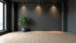 © Vadym - Empty modern room with black wall wooden floor. Interior 3D rendering. Green plant in pot near window. Minimalist style apartment design, studio space. Home decor element with copy space for product