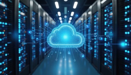 Poster - Futuristic digital illustration cloud network hub server room. Cloud computing data storage tech concept. Cybersecurity access connection, data center. Information technology, cyberspace, innovation,