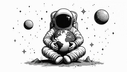 Wall Mural - Astronaut holding planet Earth in space. Cosmic exploration art. Planets with stars on white background. Galaxy and universe themes. Environmental protection eco-friendly concepts.