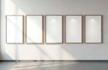 Poster - Five blank white posters in wooden frames on white wall with shadow. Modern interior room design for presentation, advertisement. Template, mock up for display, advertising message space.