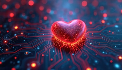 Poster - Digital illustration features glowing heart circuit board. Represents connection between tech health. Cyber healthcare innovations. Data processing, medical technology, futuristic interface.