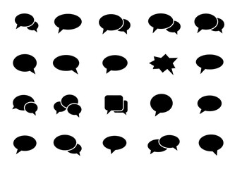 Poster - A collage of black speech bubbles and one starburst arranged in rows on a white background