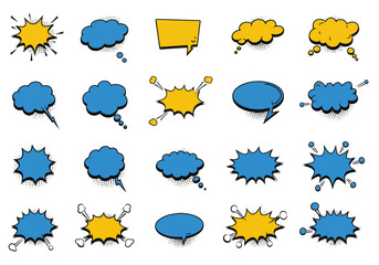 Poster - 20 cartoon speech bubbles various shapes and colors with black outlines and halftone patterns