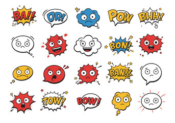 Poster - Cartoon speech bubbles feature diverse shapes colors expressions and words like POW BA and BOW evoking comic book aesthetics