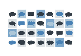 Fototapete - Thirty squares display various blue speech bubbles and other shapes arranged in a grid