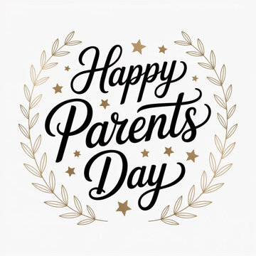 Happy Parents Day hand lettering in black cursive, gold stars, elegant minimalist greeting card, white background vector.
