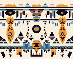 Poster - Tribal designs and ethnic ornaments, characteristic of Aztec modern elements, utilize geometric symbols for various applications, including borders, frames, tattoos, logos, cards, and decorative