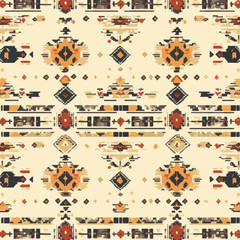 Poster - This handdrawn illustration showcases a modern seamless pattern of traditional ethnic kilim ornaments set against a natural color background