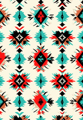 Poster - The ethnic motif in this design combines Aztec and Navajo elements, presented in a boho geometric template, similar to those found on rugs, and characterized by its striking red and blue color scheme