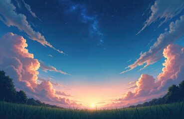 Wall Mural - Anime style digital illustration shows stunning sunset with bright clouds and starlit night sky over green grass field. The artwork creates a peaceful, tranquil, and dreamlike atmosphere.