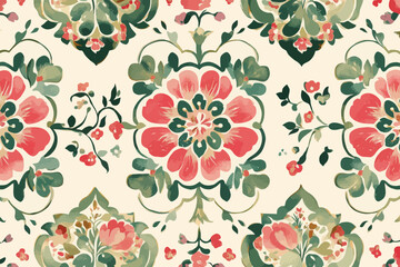 Poster - An ornate and elegant luxury background is created by the traditional folk antique ikat pattern in pink and green, which can be used for various design applications