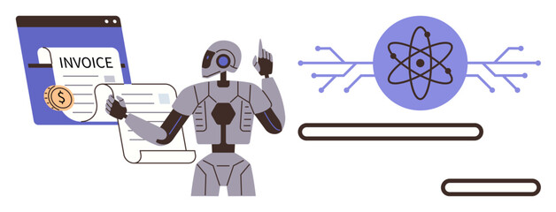 Poster - Robot managing financial invoice, circuit-inspired AI atom symbol with progress bars. Ideal for technology, automation, digital finance, AI innovation, robotics, machine learning future tech. Simple