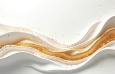 Poster - Elegant white background with gold wave streak design. Luxury abstract composition with satin cloth wave forms and gold dust. Perfect for premium, high-end, cosmetics brands and design projects.