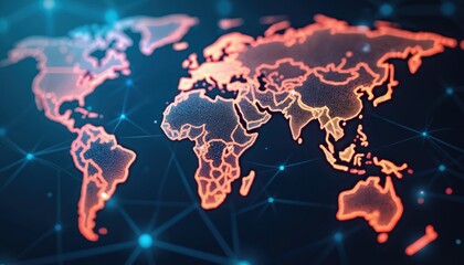 Poster - Glowing global map, digital shopping carts represent online retail network. Futuristic e-commerce connections, digital technology, cyberspace web. Cyber trade, commerce, shopping. Global business,