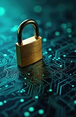 Poster - Gold padlock stands circuit board, representing cyber security. Digital protection concept, data safety. Symbol of safety against online threats, hacker attacks. Technology innovation, ai, data