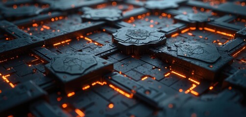 Poster - Futuristic metal panel design with orange lights. Metallic panels with textured surface create modern tech sci-fi building interior. Digital rendering art, abstract background space ship.
