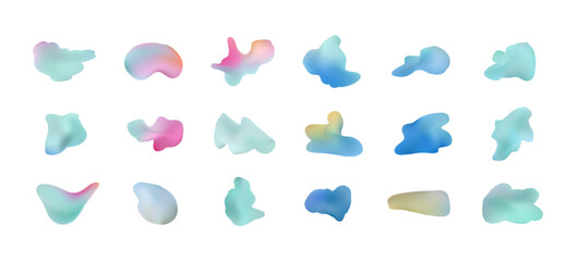 Wall Mural - Modern set of fluid teal, blue, yellow and pink mesh gradient organic shapes. Abstract light colour liquid digital watercolor stains and freehand blobs for business design, banner, ui app